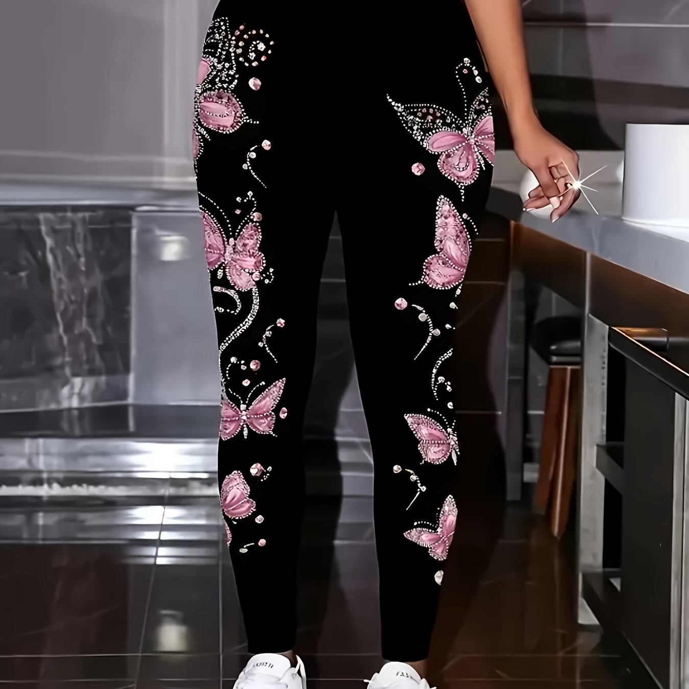 TEMU Women's Elegant Casual Pants - Stretchy Opaque Leggings With Black And Pink Print, Suitable For Leisurewear Formal Use & Special Occasions
