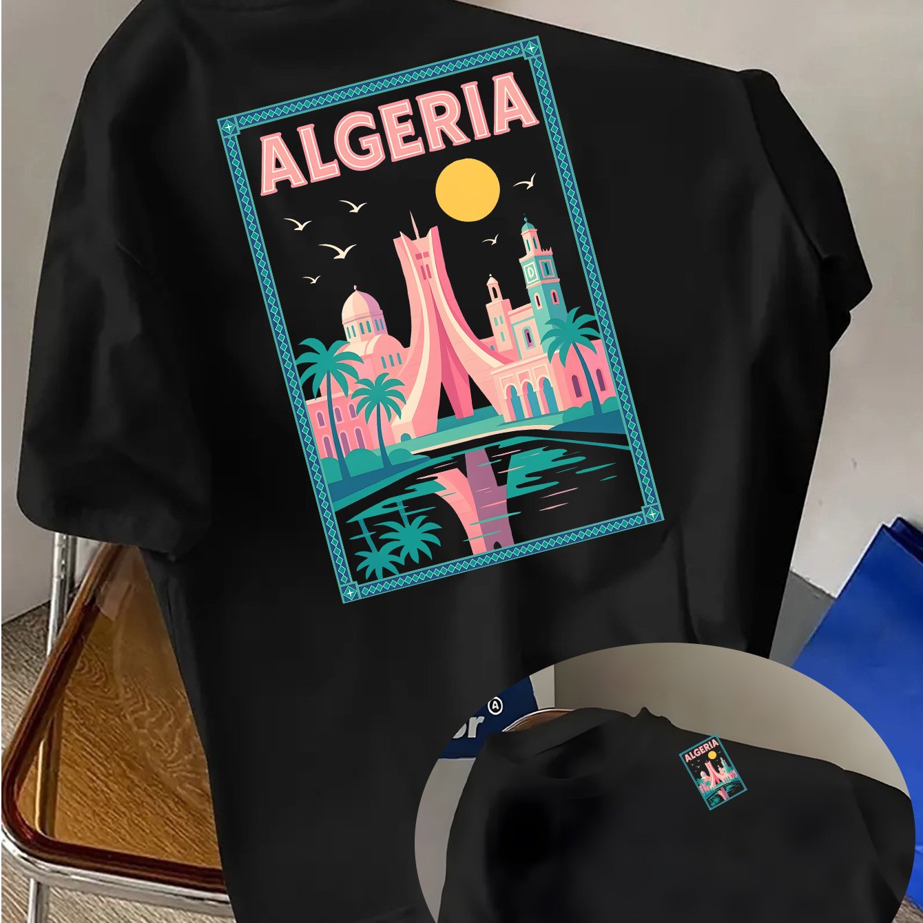 TEMU T-Shirt Homme Noir avec Imprimé Algérien - Tissu Respirant, Lavable en Machine, Col Rond, Léger et Durable, Idéal pour , Fêtes et Tenues