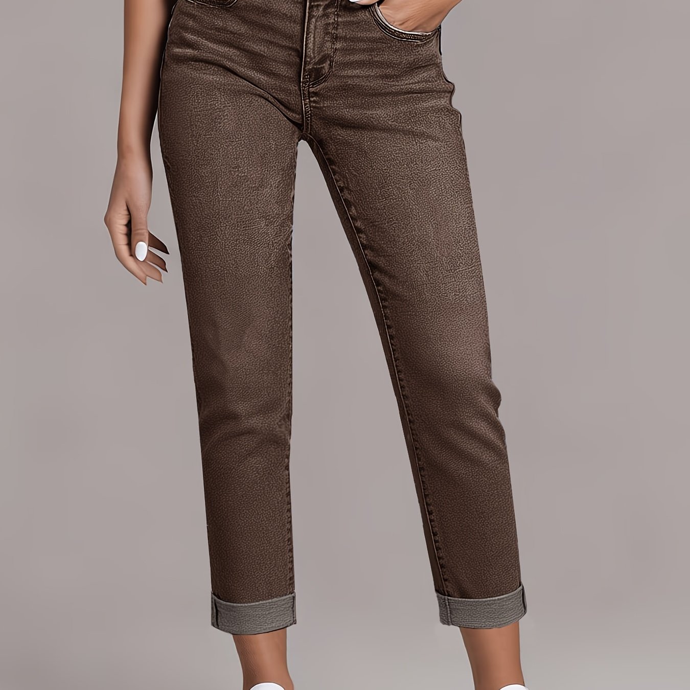 TEMU Women's /winter Stretch Jeans - Washed Coffee Color, Rolled-hem, 90s--leg Denim. High-waisted With Tummy Control, Casual And Comfortable.