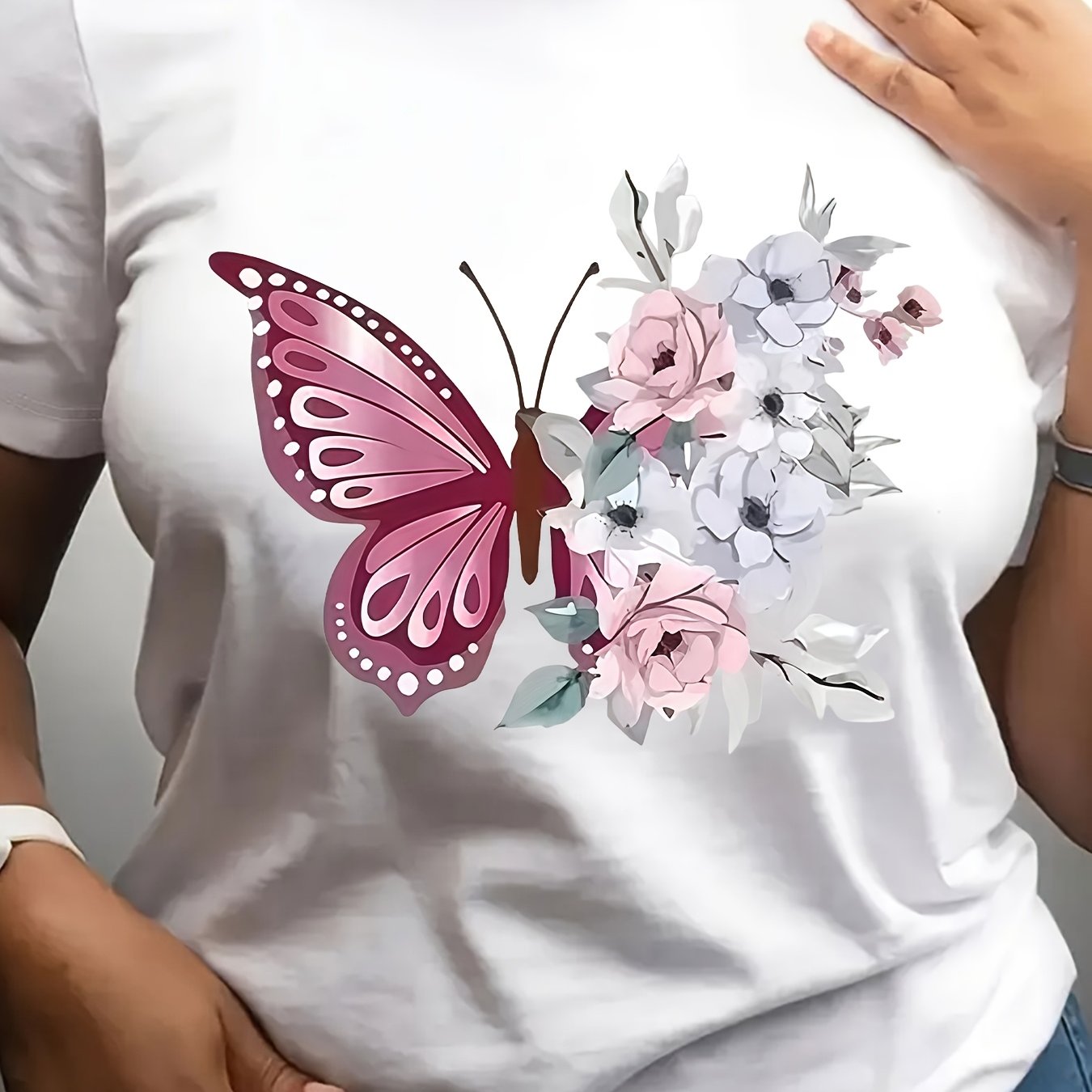 Image of Women's T-shirt Pink And Floral Print Short Sleeve Crew Neck Casual Suitable For Spring And Summer 100% Printed T-shirt