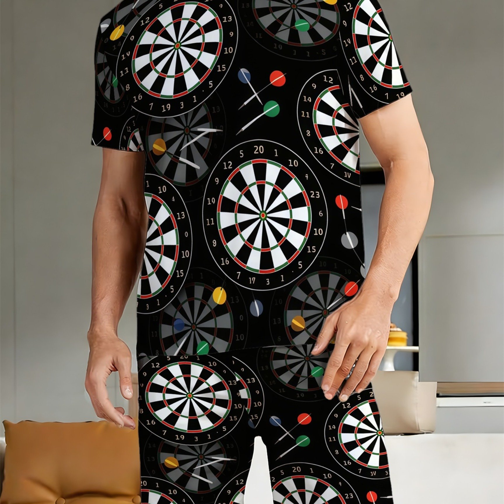 TEMU Men's 2pcs Loungewear Set, Dartboard Print Crew Neck Short Sleeve T-shirt And Elastic Waist Shorts Summer Pajama Outfit