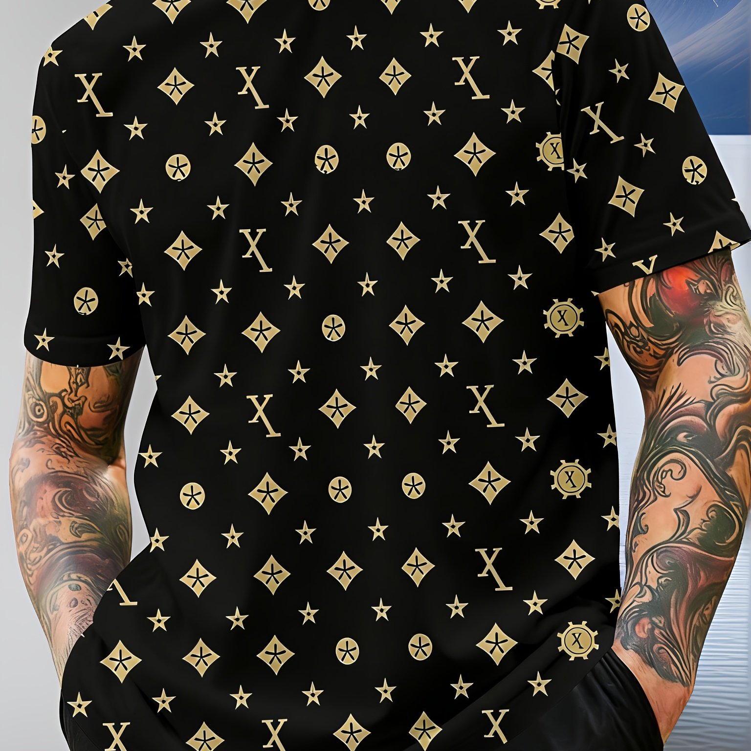 TEMU [printed Design-not Textured] Men's Short Sleeve T-shirt - With Golden Symbols Fashion Casual Top - Summer Outdoor Versatile Trendy Men's Wear -