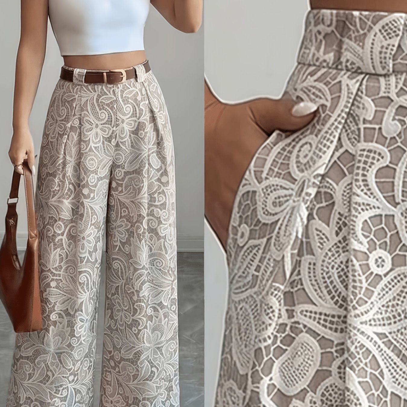 TEMU Vintage Flower Print Beltless Wide-leg Pants Women's Elastic High-waist Drape Floor-length Casual Trousers Patterned Wide-leg Trousers Stretch