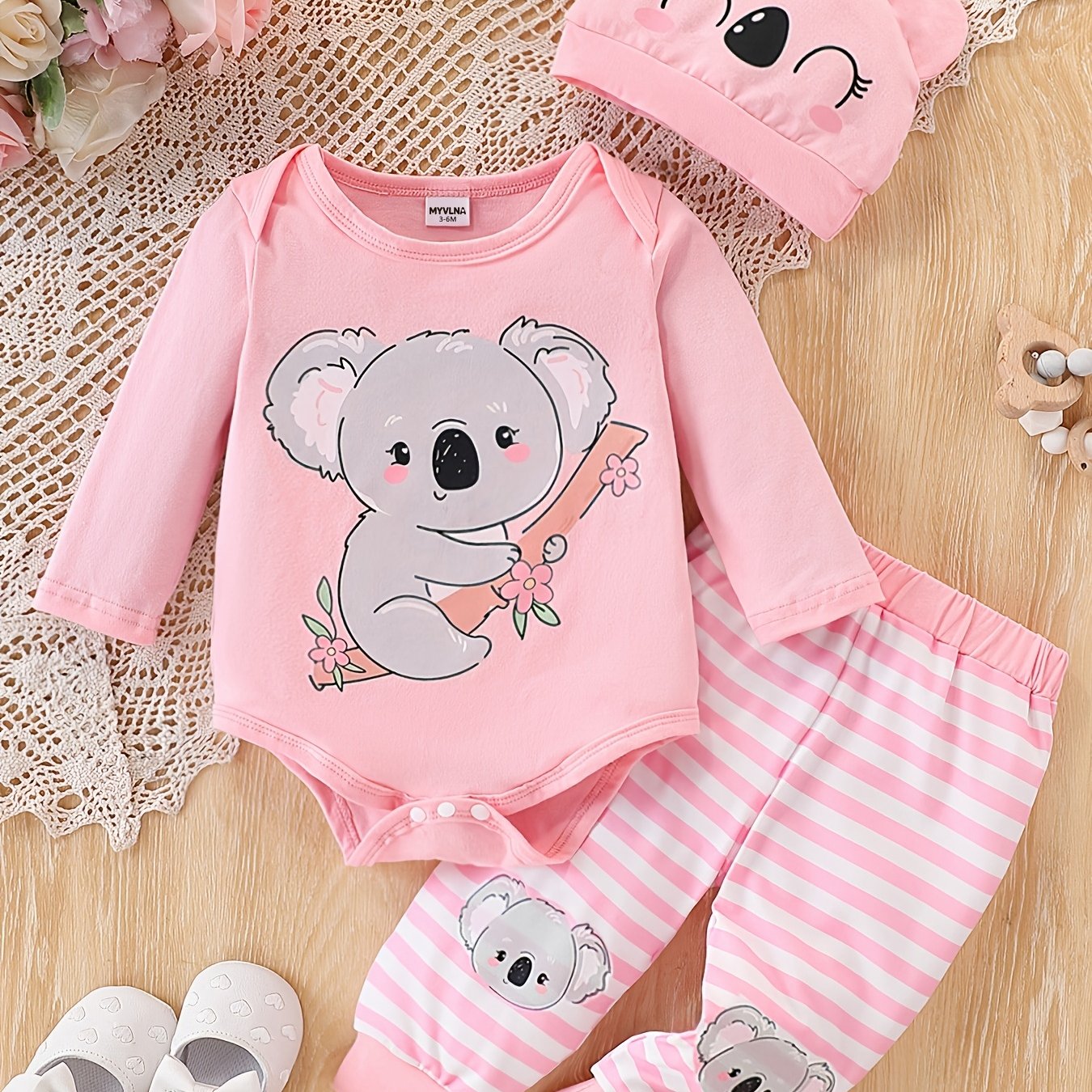 Image of Baby Koala Print Outfit, Pink Bodysuit And Striped Pants With Animal Hat 3pcs Set, Girls' Fall/winter , For Outdoor