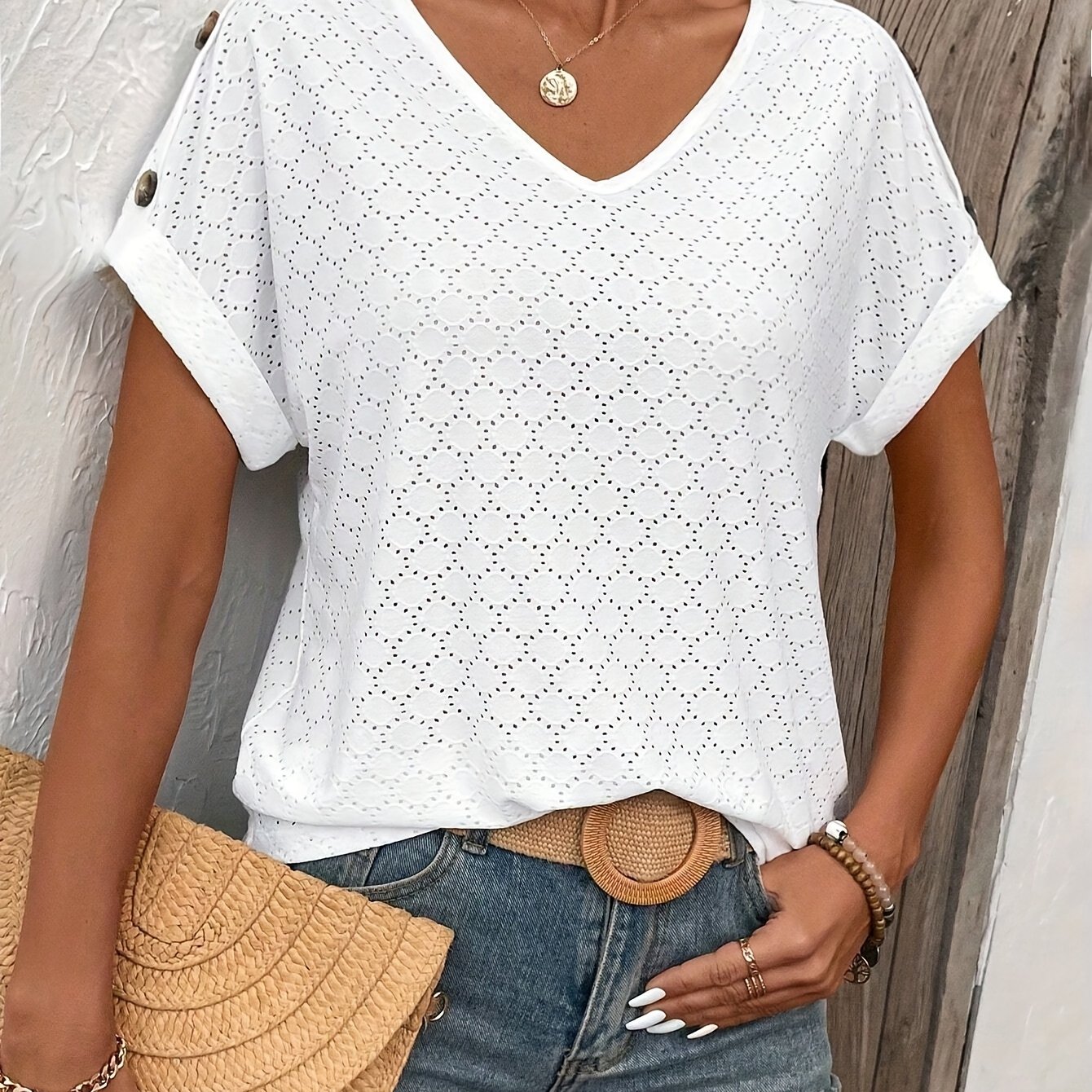 E-shop Modisches Damen V-Ausschnitt Fledermausärmel Kurzarm T-Shirt | Unifarben, Frühling/Sommer , Fake Button Details, Marke: DECF