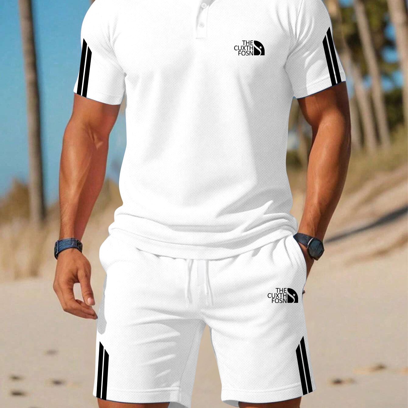 TEMU Men's Casual Printed Short-sleeve Quick-dry Shirt With Drawstring Shorts 2pcs Set For Daily Outdoor Leisure