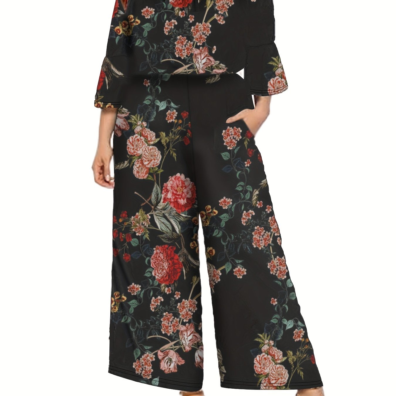 plus size floral print wide leg jumpsuit casual off shoulder 3 4 sleeve one piece jumpsuit womens plus size clothing