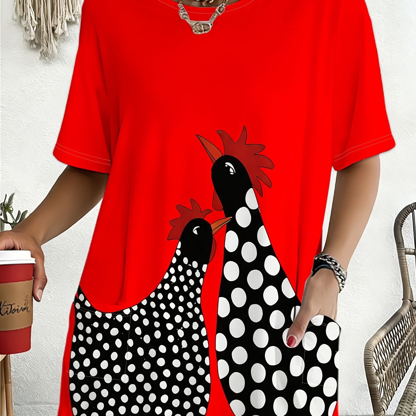 TEMU Red Polka Print Loose Short-sleeve T-shirt, Women's Casual Printed Top, Summer Trendy Fashion Apparel