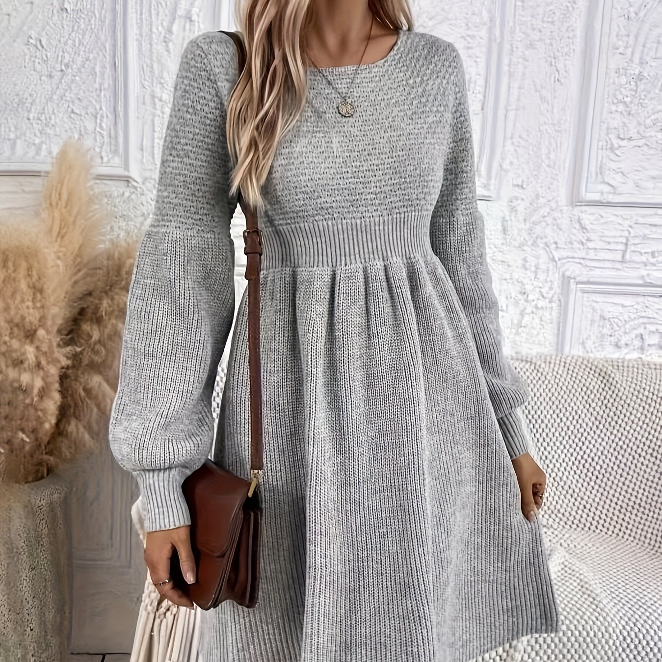 Image of Women's Autumn-winter New Casual Loose Solid Color Lantern Sleeve Round Neck Sweater Dress