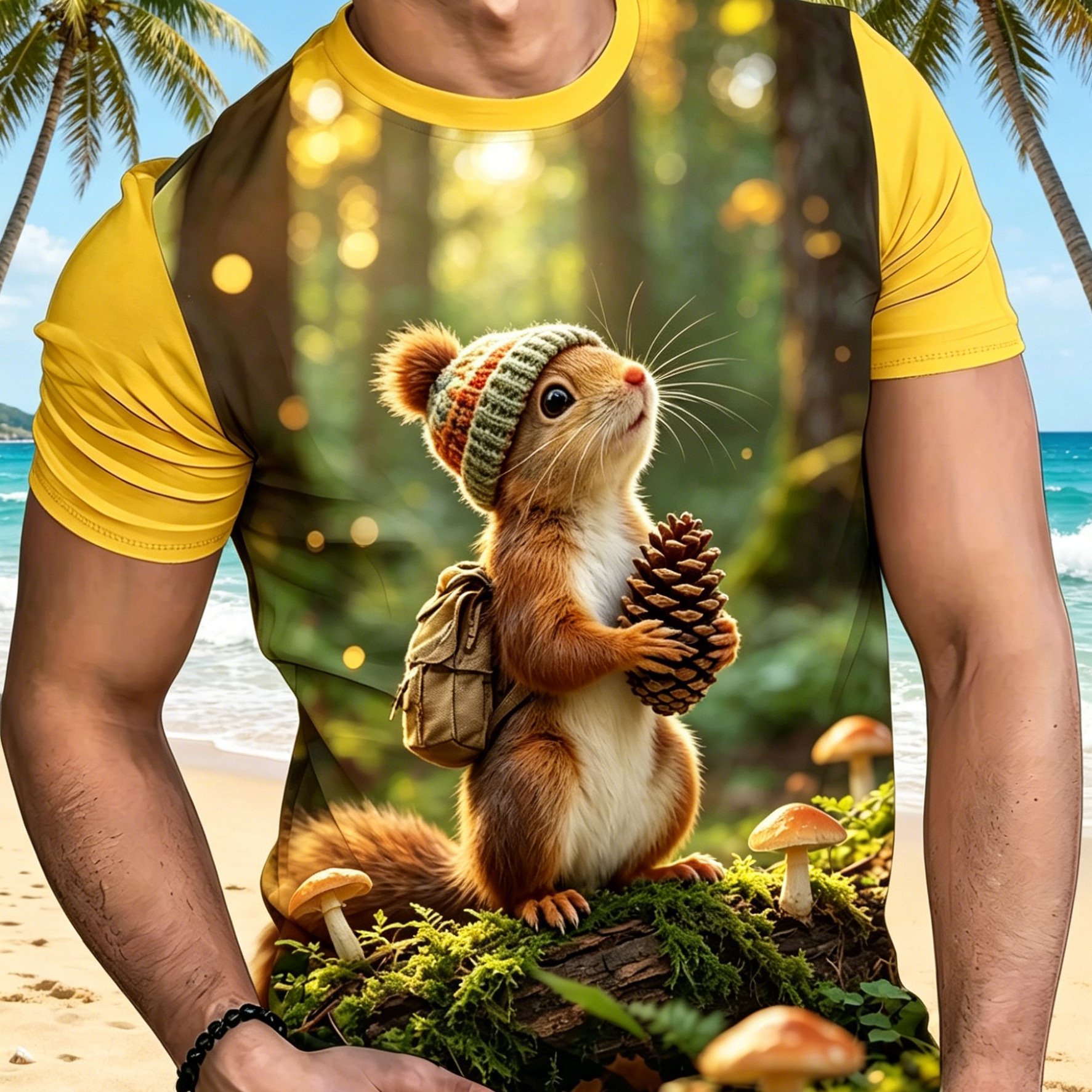 TEMU [print Design-not Textured] Style Small Squirrel Print Plus Size Men's Short Sleeve T-shirt, Plus Size Loose Fit Round Neck Casual Summer