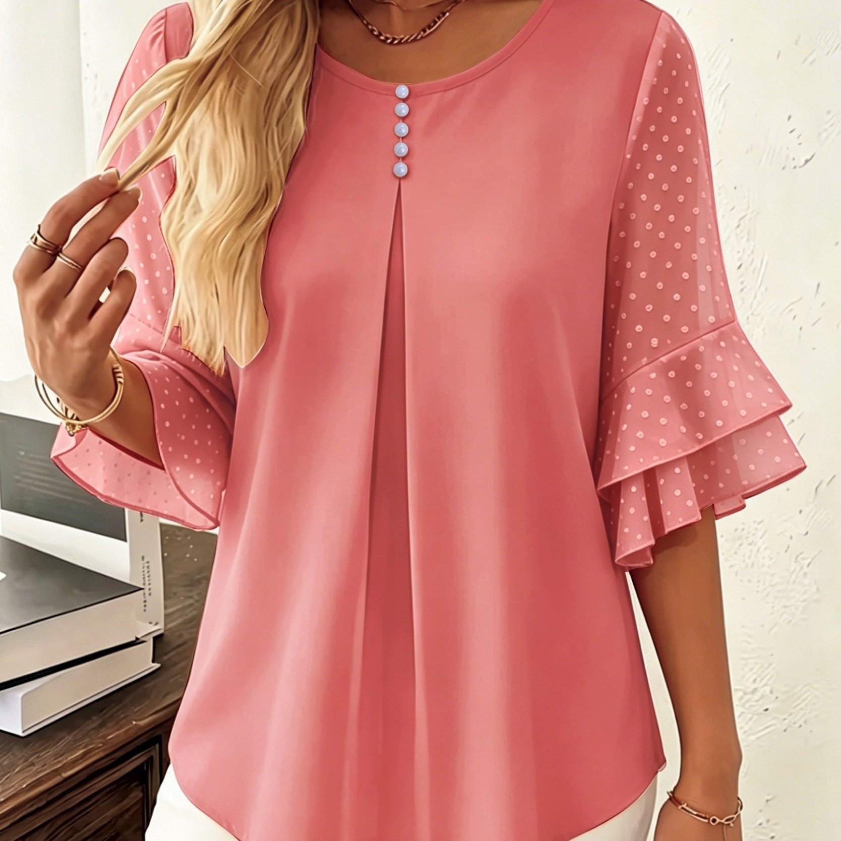 TEMU Talla Grande - Verano Holgada Pequeño Liso Cuello Botón Perla Camisa Acampanada Encaje Patchwork Volante Top