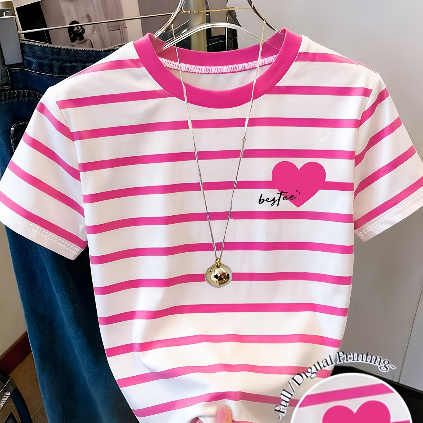 TEMU Summer Refreshing Pink And White Striped Crew Neck T-shirt, Of Simple Contrasting Colors + , Low Pink Has Its Own Slack, Breathable Fabric On A