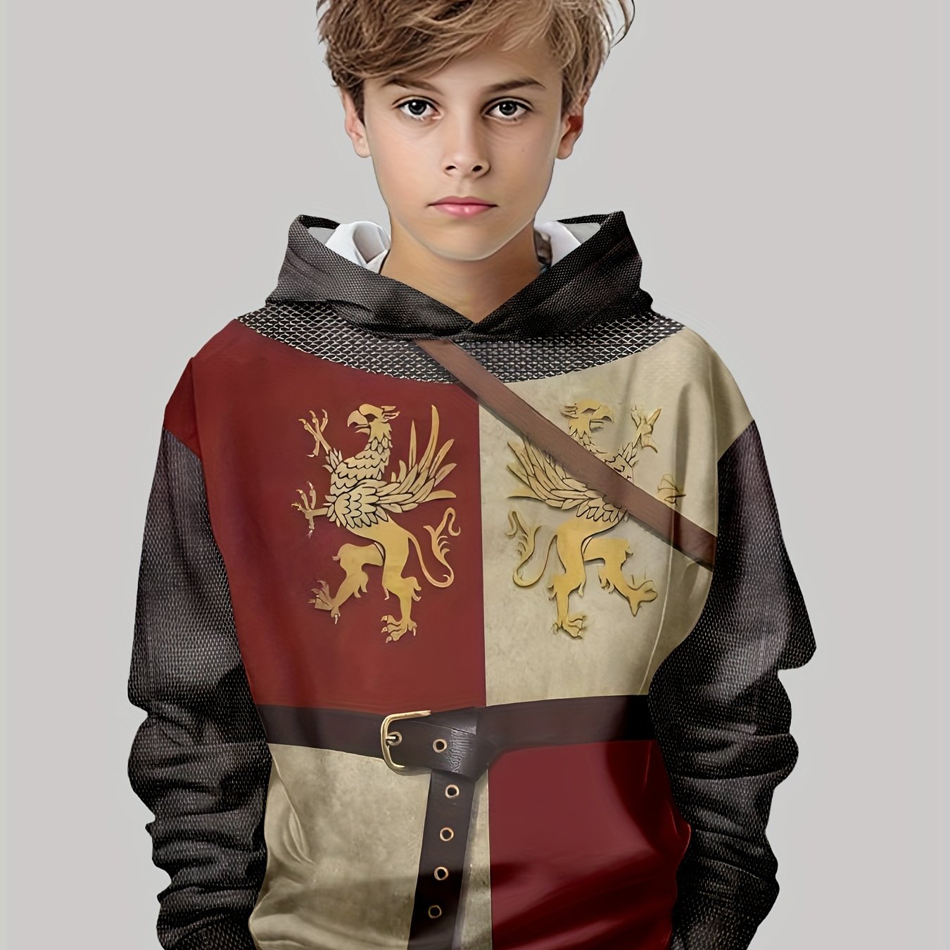 Image of Boys' Casual Vintage Knight Pullover Autumn/winter Long-sleeve Sweatshirt, Boys' Outdoor Casual Hooded Sweatshirt Top