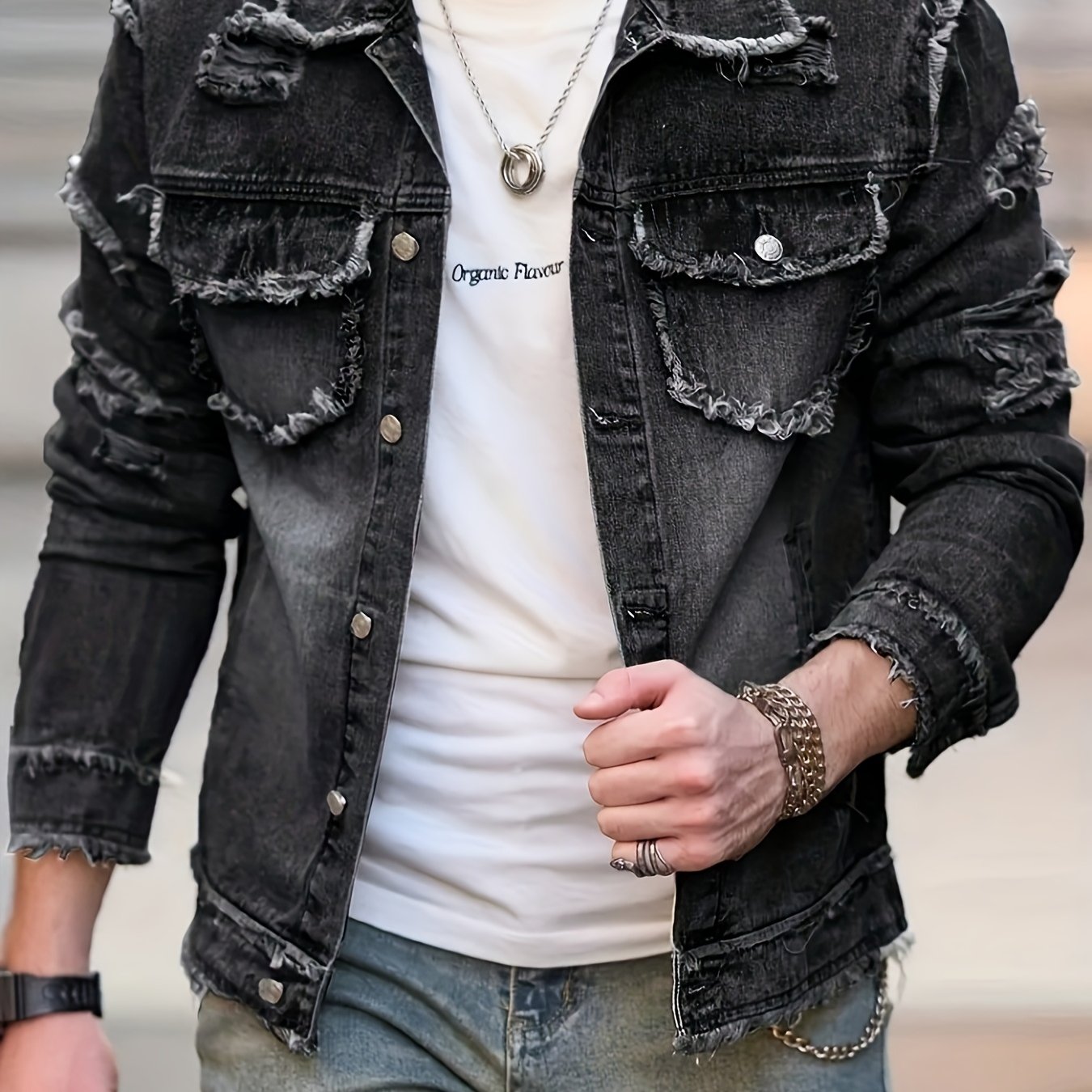 TEMU [hme] Men's Denim Jacket, Non-elastic And Well-fitting, Cool And Slimming, Retro Washed And Versatile Black And Gray, Fashionable Tassel Design