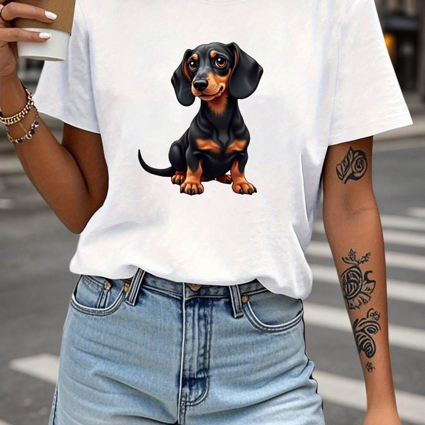 TEMU Women's Dachshund T-shirt - Cute Dachshund Print Short Sleeve Crew Neck Top With Dachshund Puppy & Dog Patterns, Spring Summer Casual Blouse