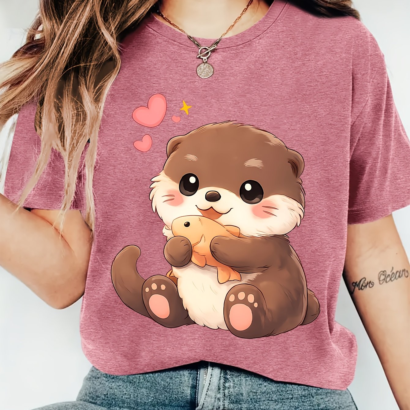 TEMU Women's Summer Soft Cute Otter Print Crew Neck Short Sleeve T-shirt | Comfortable, Soft, Fashionable, Elegant, Vintage Style, , Medium Stretch