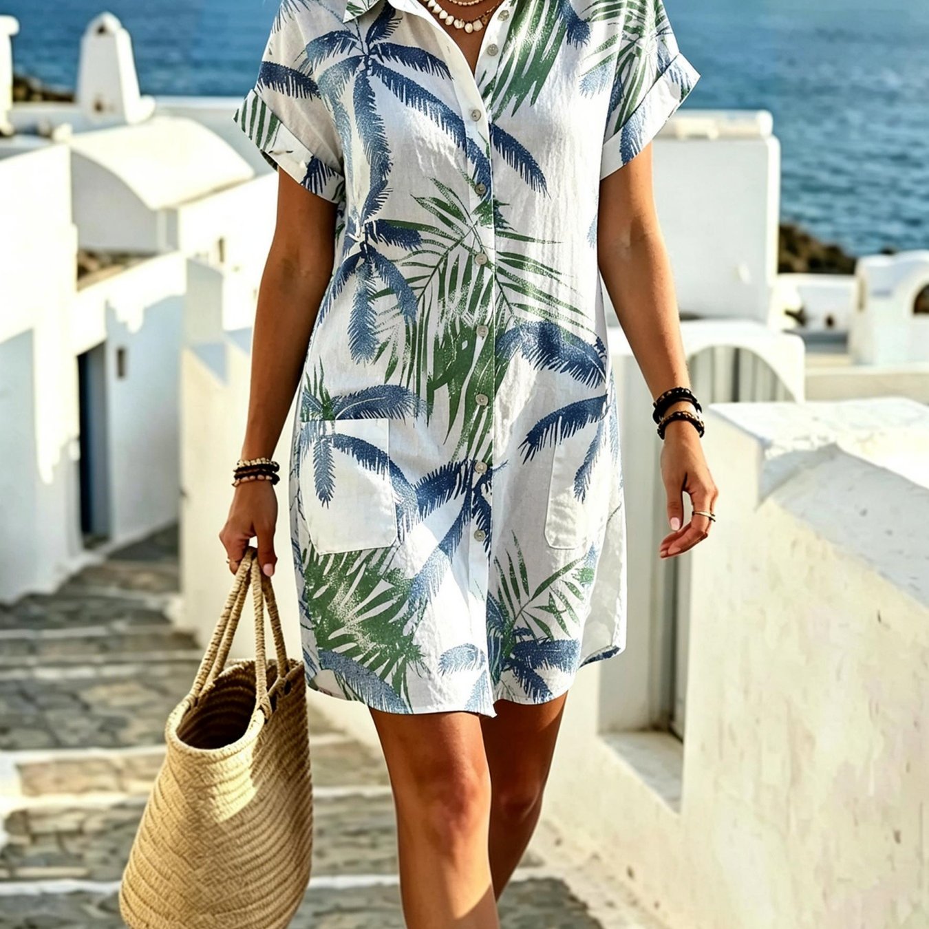 Image of Women's Summer Shirt Dress Blue Leaves Elegant And Sophisticated Suitable For Button- 2 Pockets Machine Washable Perfect For Vacations Casual Wear Casual Attire Or As A Gift
