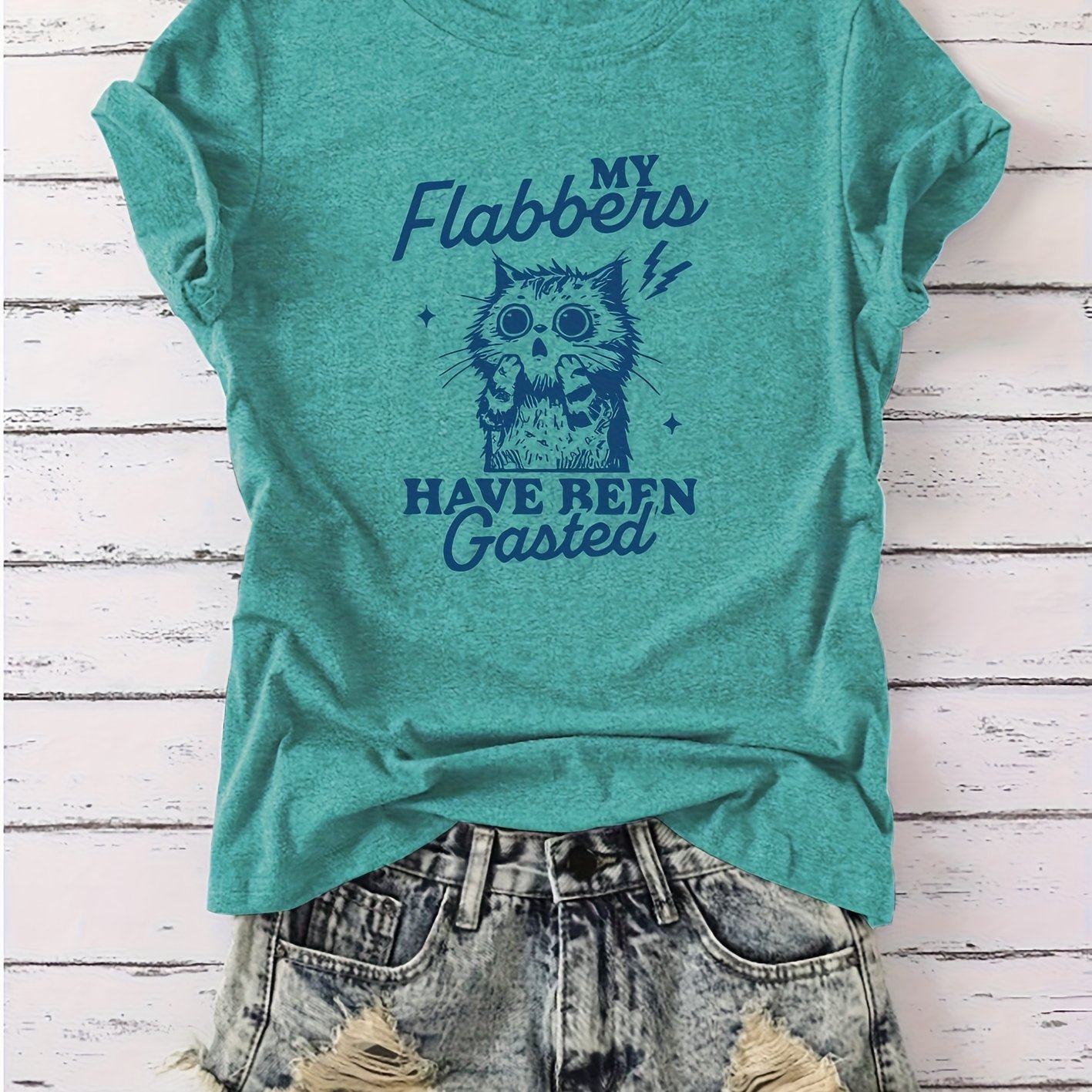 TEMU Fashion Vintage Blue Cartoon Cat "my Flabbers Have Gasted" Lettering New Pattern Round Neck Short Sleeve T-shirt, Design, , Daily Wear, Soft