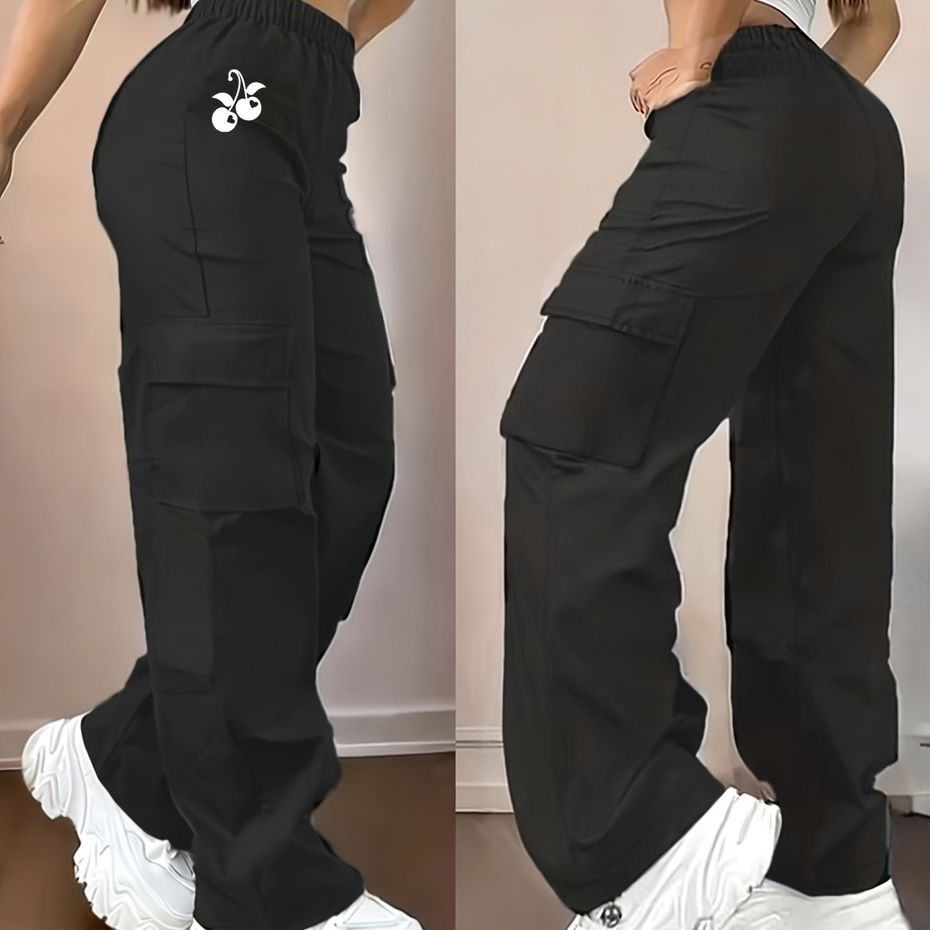 TEMU Women's Casual Trousers With A Creative Heart And Cherry Print Design, Fashionable Cargo Pants - D355-why2075