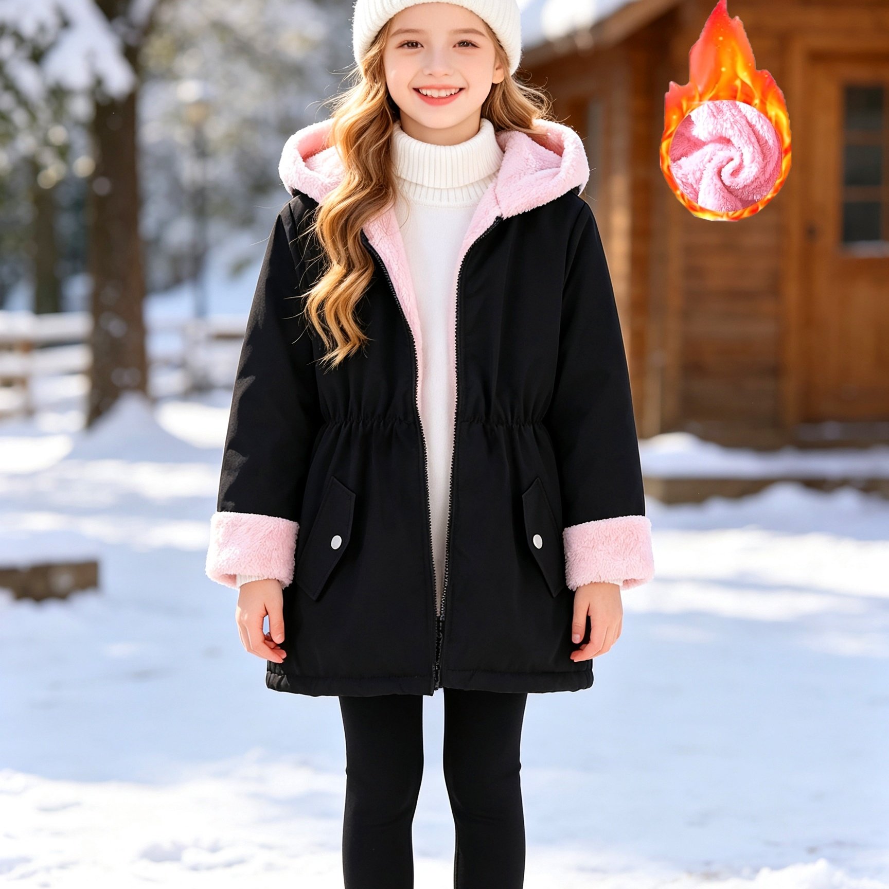 Image of Mid-size Autumn Winter Fleece Lined Mid-length Hooded Korean Style Ins Solid Color Casual Wear Back-to- Zipper Girls' Fleece Jacket