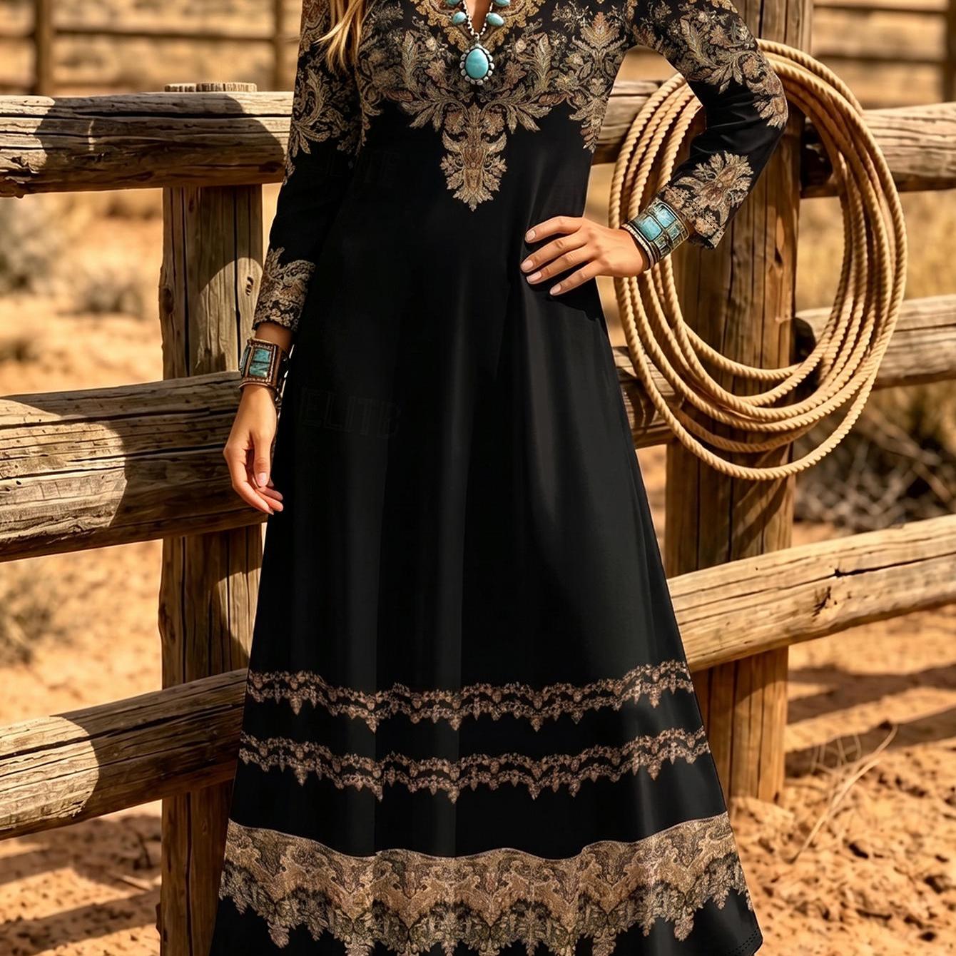 TEMU Robe Maxi Bohème pour Femme avec Imprimé Floral à Bordure sur Toute la Longueur - Coupe Ligne et Fluide à Ourlet Volanté, pour , les Vacances ,