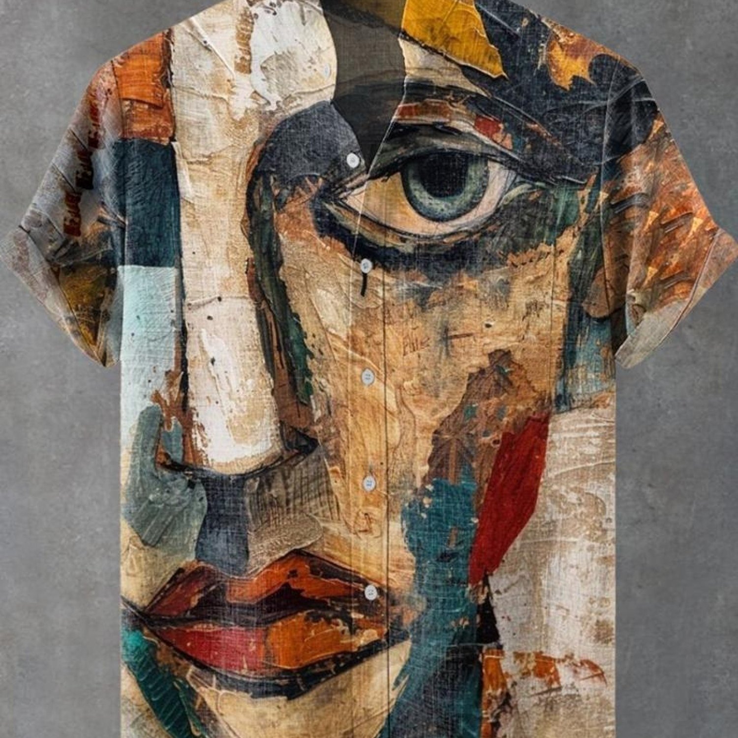 TEMU Men's Formal Short-sleeved Button- Shirt, Abstract Art Print, Fragmented , Earthy And Colorful Tones, Textured Vintage Feel, Polyester Fabric,