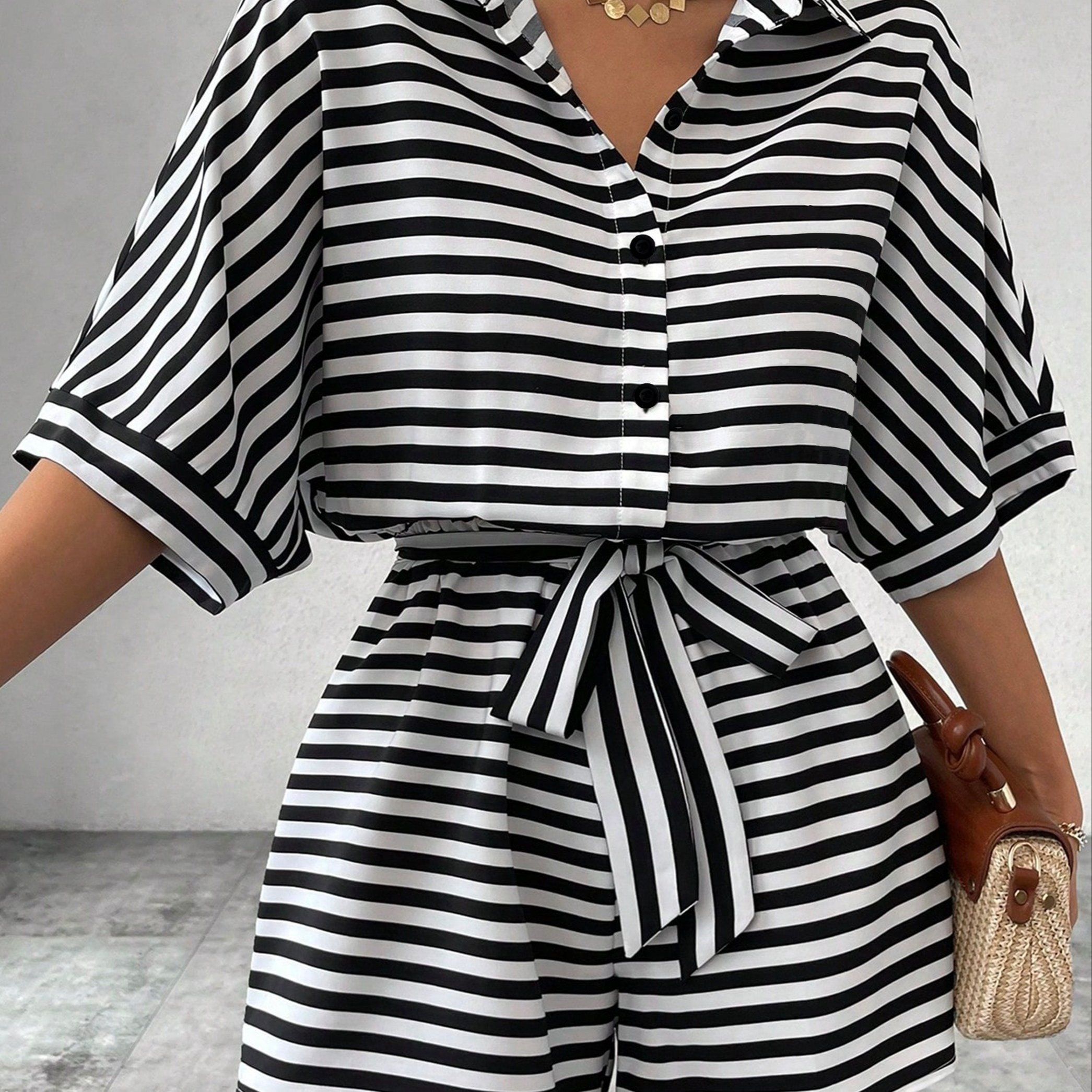 TEMU Striped Print Button Front Romper Jumpsuit, Casual Short Sleeve Belted Romper Jumpsuit For , Women's Clothing