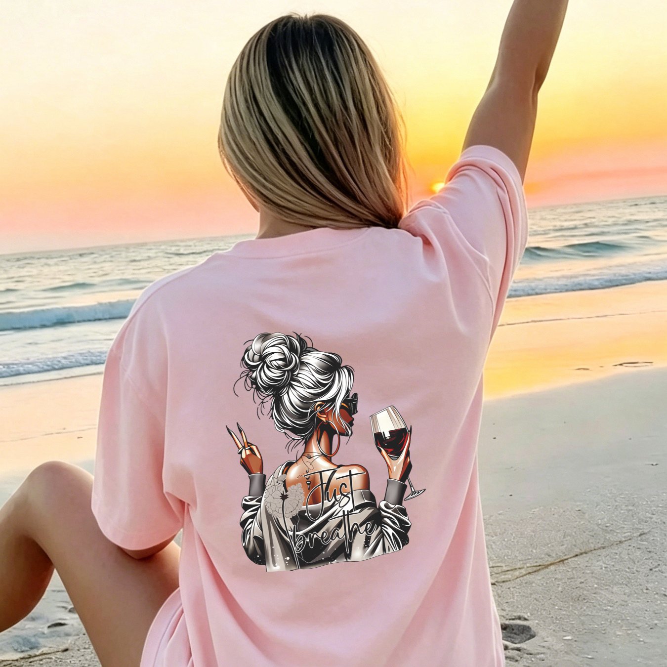 Ladies Boho Chic Oversized Fit T-shirt With Wine : Perfect For A Day, Essential Casual Wear For Summer Shoreline Relaxation