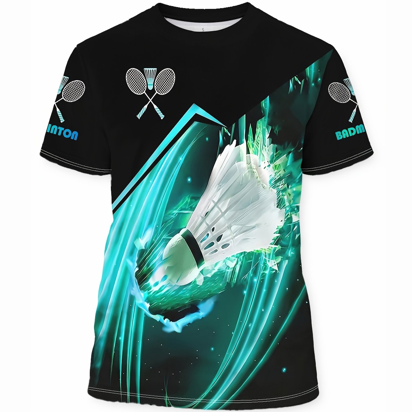 TEMU Badminton And Racket Print T-shirt - Unisex Casual Apparel For Adults, Breathable Summer Round Neck Competition Party Top - Ideal Gift For