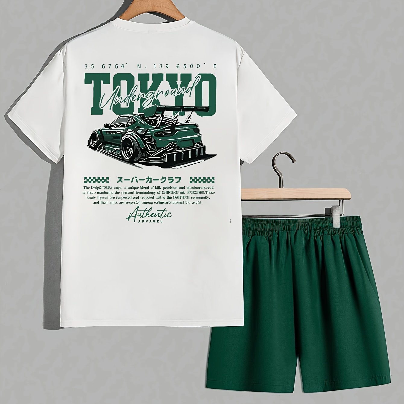 TEMU [printed Design â Not Textured] Jdm Vintage White And Brown Color Block Back Tokyo Modified Racing Print Solid Brown Drawstring Shorts 2pcs Set