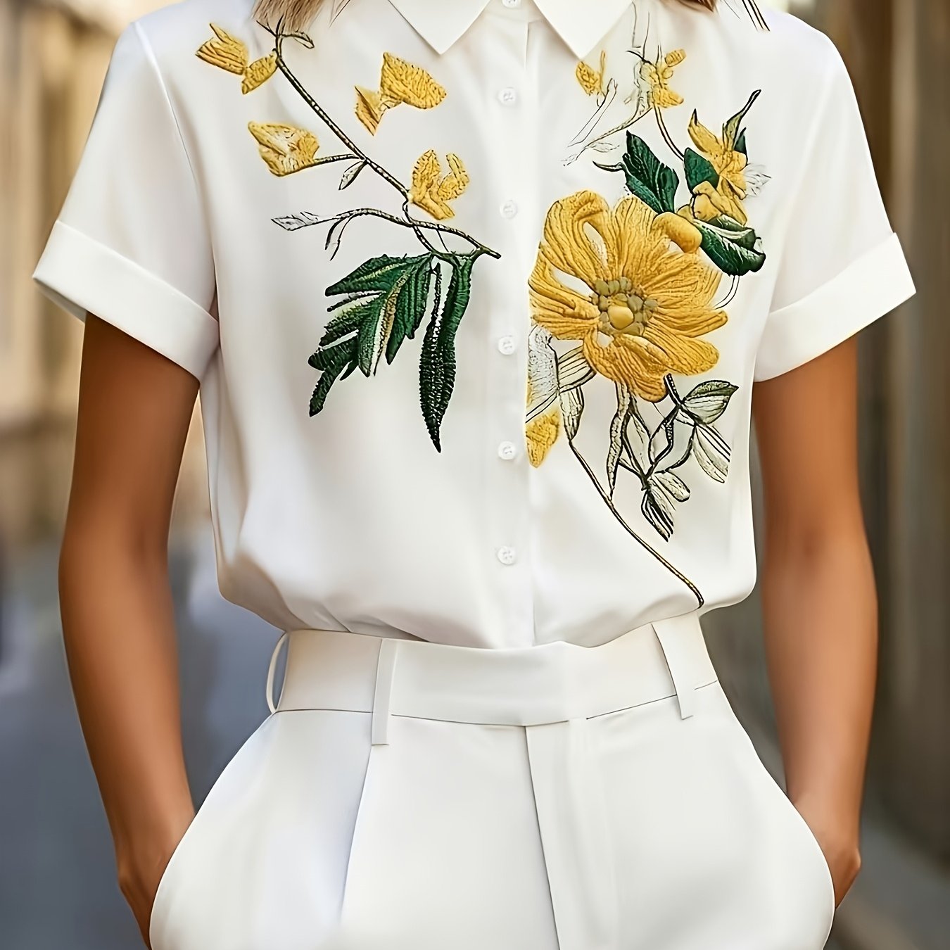 TEMU Women's Elegant Short-sleeve Embellished Collar Blouse - Solid Color Machine-washable Summer Shirt, Non-stretch Office & Vacation Top For