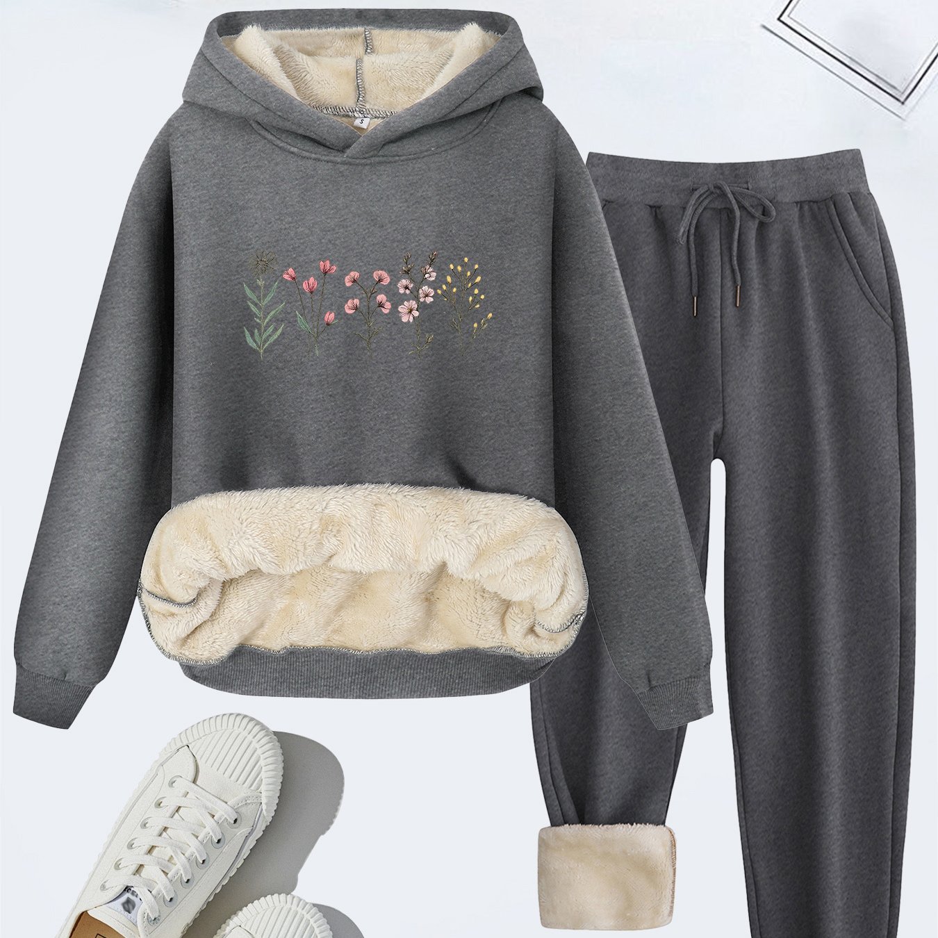 TEMU Japanese And Korean Style Autumn And Winter Casual Women's Clothing Bouquet Element Print Fleece Thickened Hooded Sweatshirt Plus Slanted Pocket
