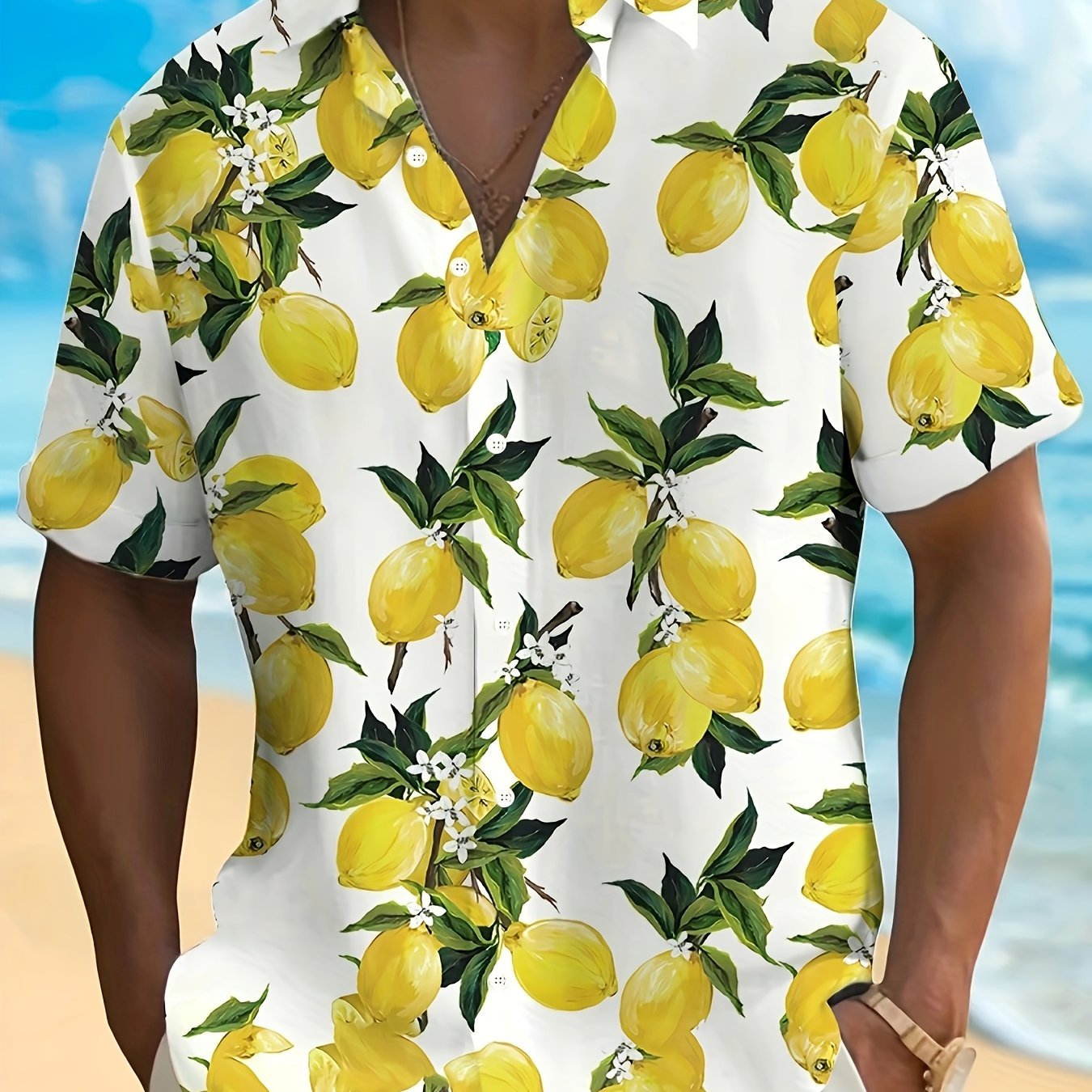 Men's Bright Lemon And Leaf Print Hawaiian Shirt - Casual, Short Sleeve, , Perfect For Summer Hiking