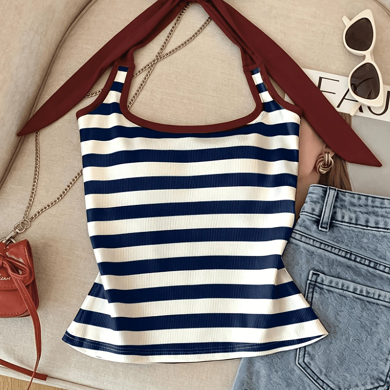 TEMU New Women's Spring/summer/autumn Casual Color-block Striped Versatile , Off-shoulder Backless Camisole