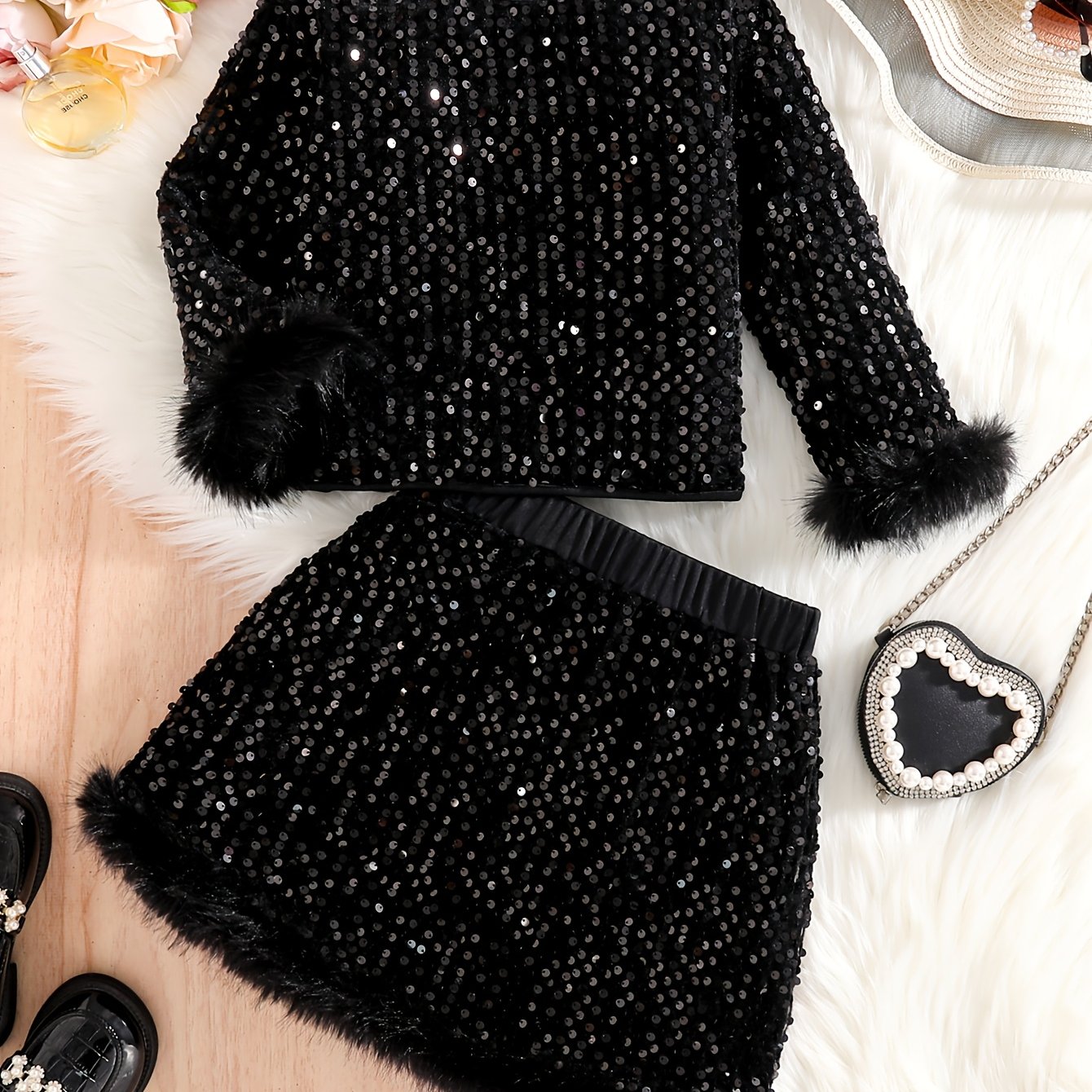 Image of 2pcs Set, Girls' Small Polka Dot Sequined Shimmering Pullover Sweater Top And Elastic Waist Skirt Spring Autumn Style, Girly Fashion Temperament Round Neck Cuffs Skirt Craft
