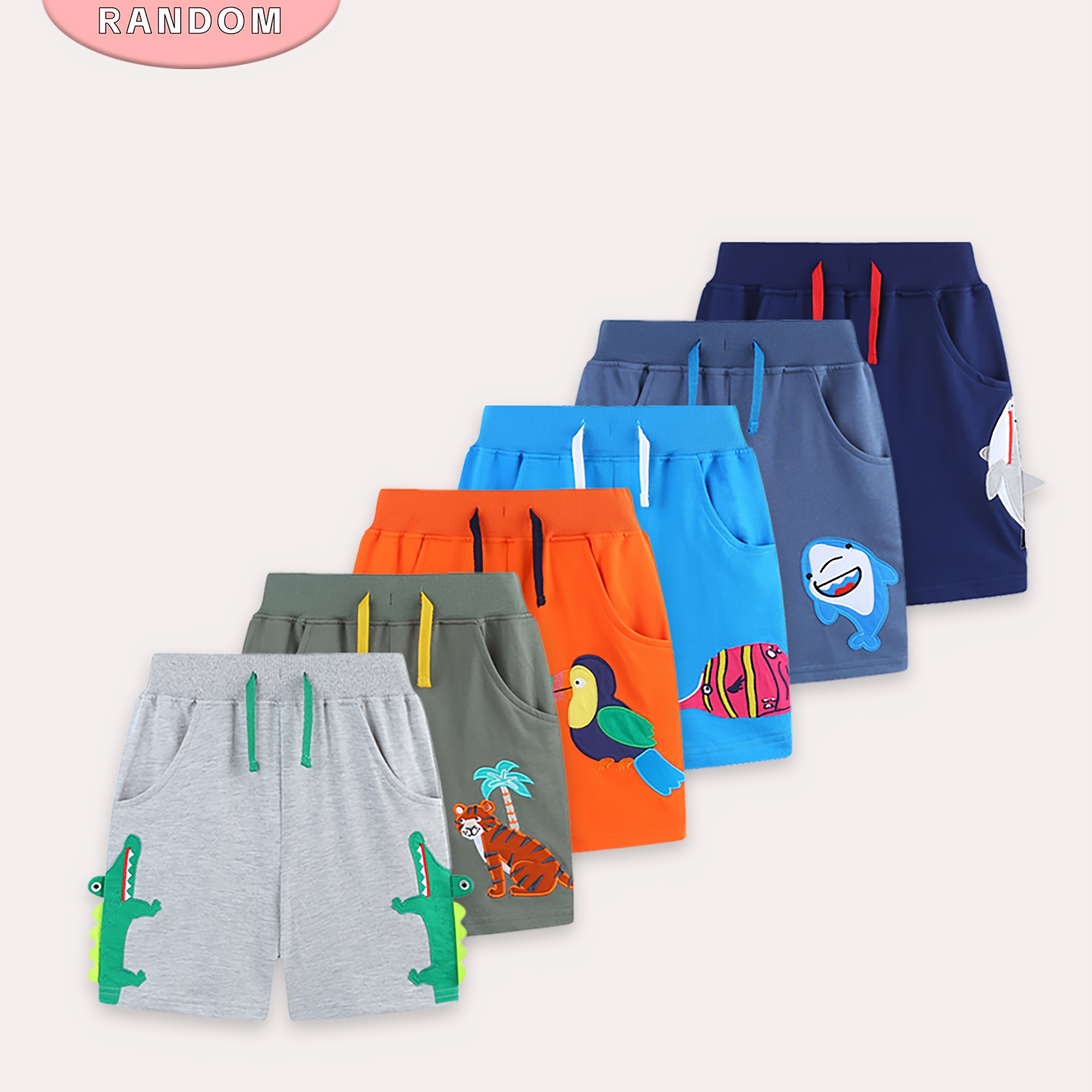 Image of Random 2pcs Summer Boys' Fashion Casual Shorts Trend Sports Pocket Knitted Sweatpants Random Animal Embroidery Pattern Outdoor Wear, For Outdoor