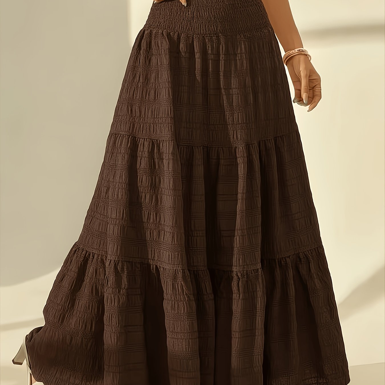 TEMU Bohemian Tiered Maxi Skirt, High Waist Smocked A-line Flowy Long Skirt, Casual Loose Pleated Solid Color Skirt For Beach Vacation Daily Wear,