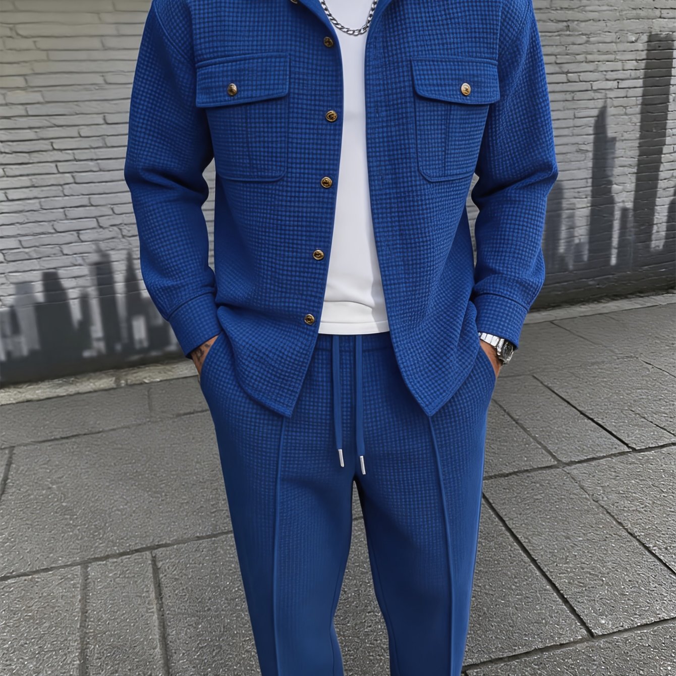 TEMU [starry ] 's Waffle Knit Casual Outdoor Versatile High-end Trendy 2pcs Set: Button-up Cardigan With Lapel Collar, Double Chest Pockets, Long