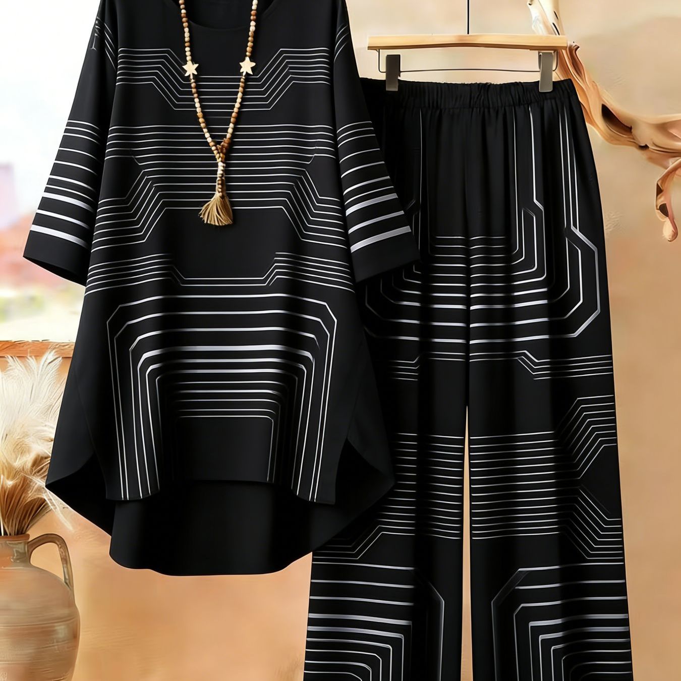 TEMU Boho Black And White Geometric Print 2pcs Loungewear Set
