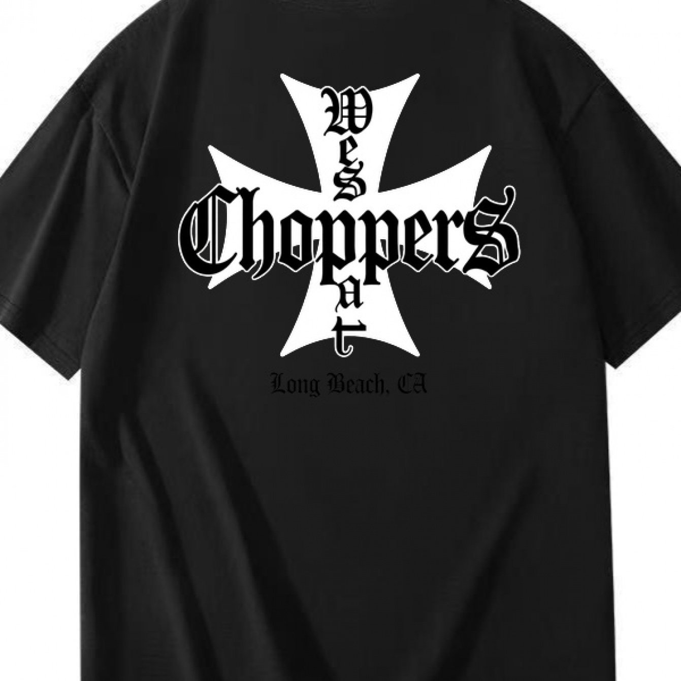 Image of With Cross Graphic Gothic Font Long Beach California Theme Biker Style Retro Rock Streetwear Aesthetic Vintage Grunge Design Men's Casual Apparel For Motorbike Rallies Concerts And Outdoor Events