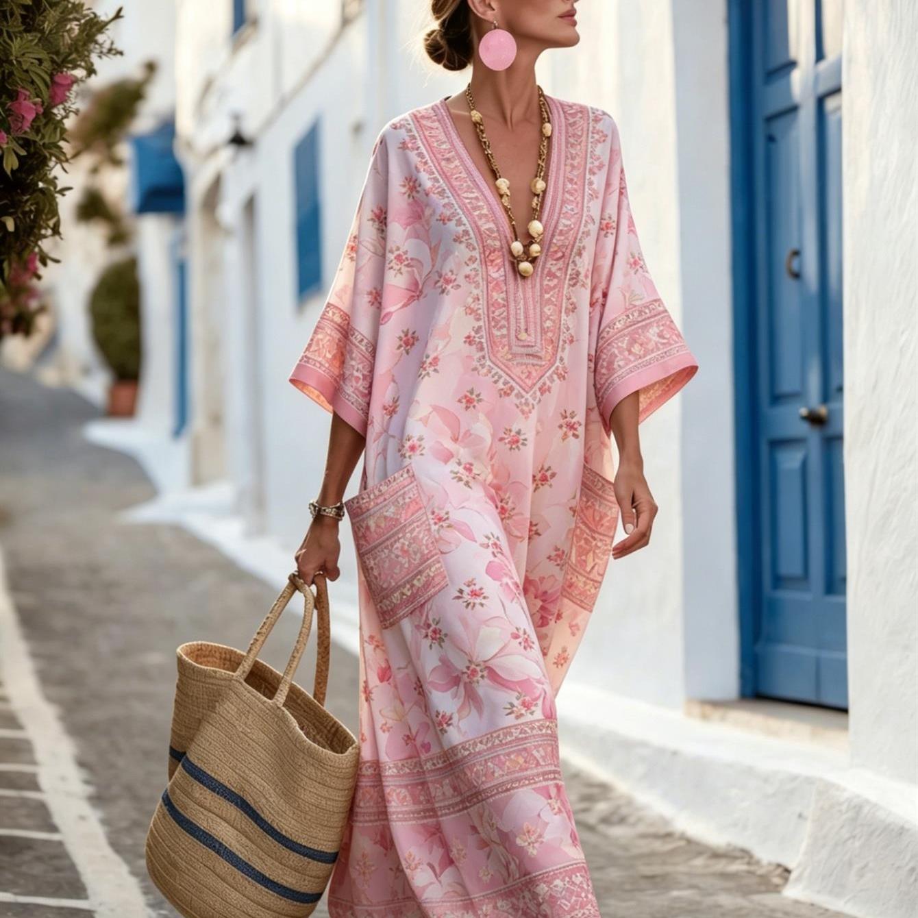 Light Pink Large Floral Geometric Ethnic Splicing Print Loose -sleeve -friendly Vacation Kaftan Dress Perfect Travel Outfit And Premium Gift