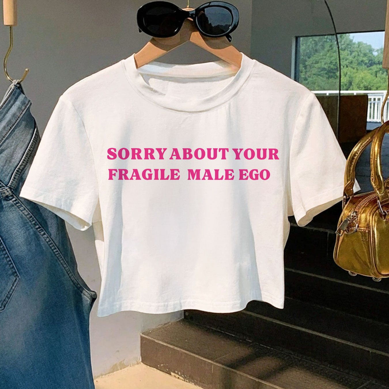TEMU Women's "sorry About Your Fragile Male" Slogan T-shirt - Slim Fit Crop Top Short Sleeve Shirt With Print, Pink Casual Round Neck Blouse Suitable