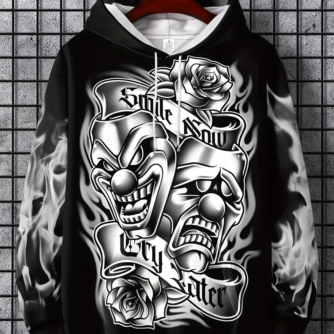 TEMU Men's Gothic And Rose Print Hoodie- Black And Style Pullover With And Design, Long Sleeve Casual Hoodie Suitable Spring And Autumn, Hand Wash