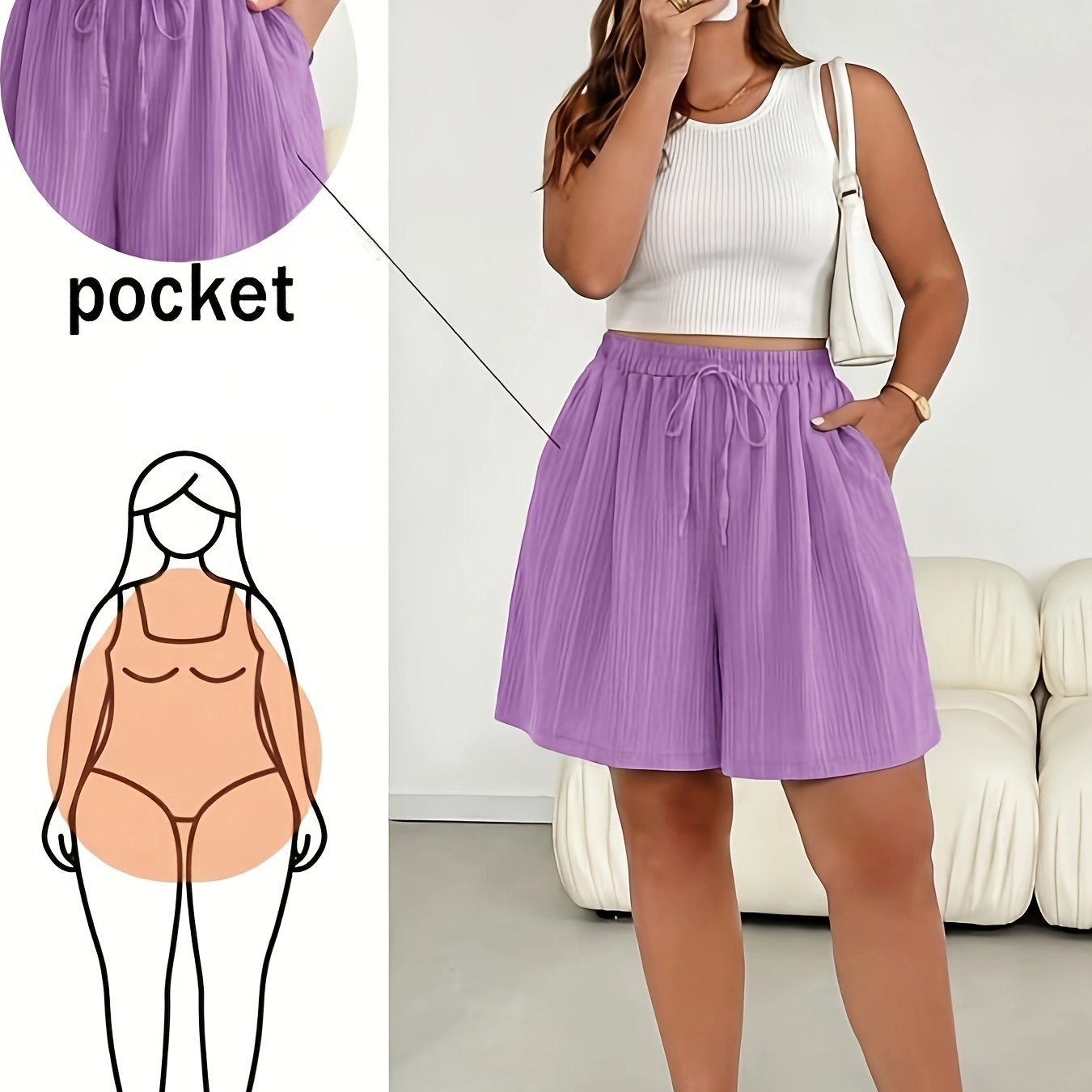 TEMU Plus Size, Plus-size Women' Color Belted Pocket Casual Wide-leg Shorts