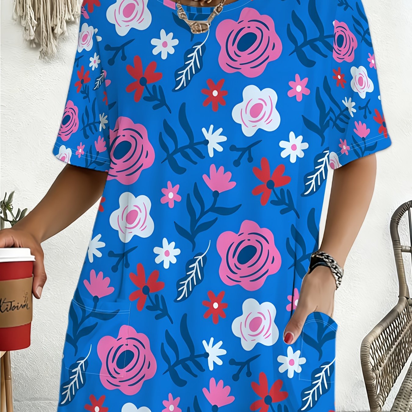 TEMU Plus Size Women's Pink White Floral Branch Leaves Pastoral Gentle Style Printed Pocket Round Neck Short Sleeve T-shirt Athletic Casual