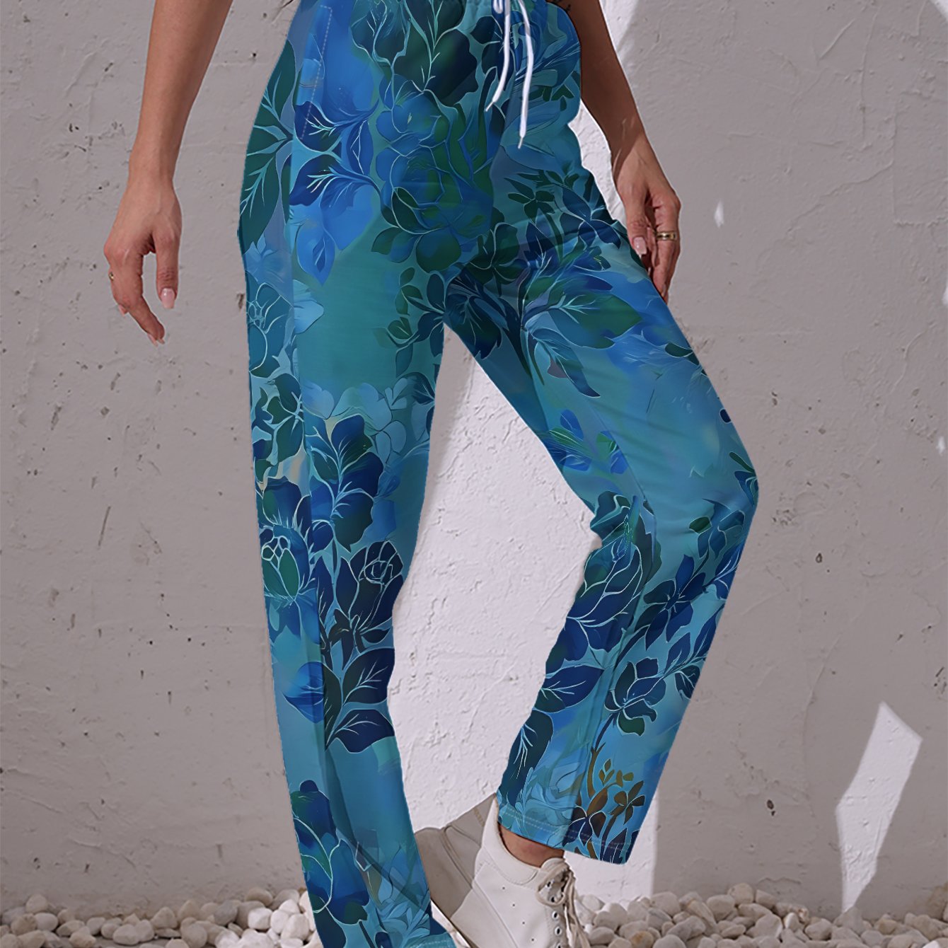 TEMU Women's Casual Pants With Floral Pattern, Fresh And Elegant, Romantic And , With Drawstring