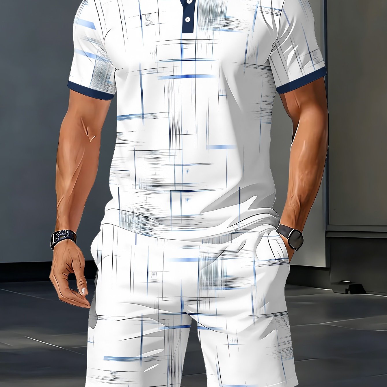 TEMU Men's Shirt Short-sleeve Top And Shorts 2pcs Setwhite Abstract Print Short Set For Summer , Outdoor Beach Relaxation Lightweight, Breathable,