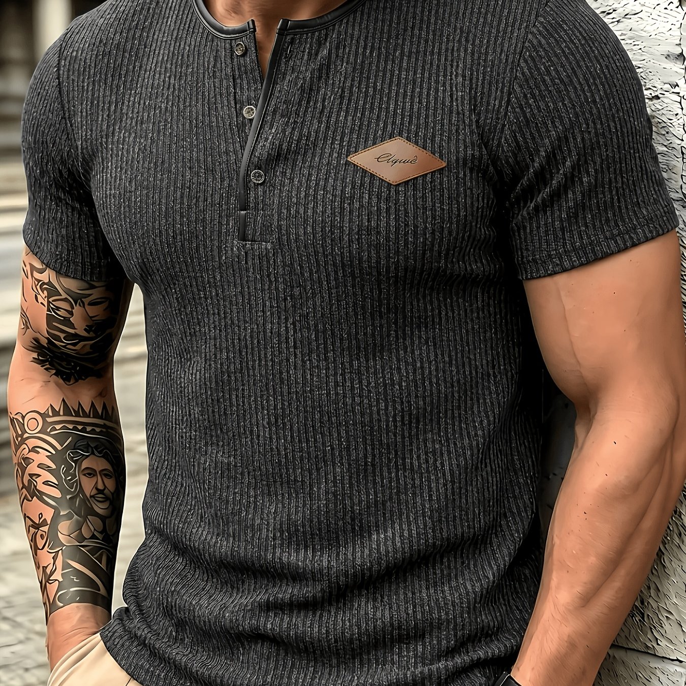 Image of Men's Fashion Top, Spring/summer Outdoor Casual Textured Ribbed Fabric, Crew Neck Single-breasted Button With Patch Pocket And Short Sleeve Henley Shirt