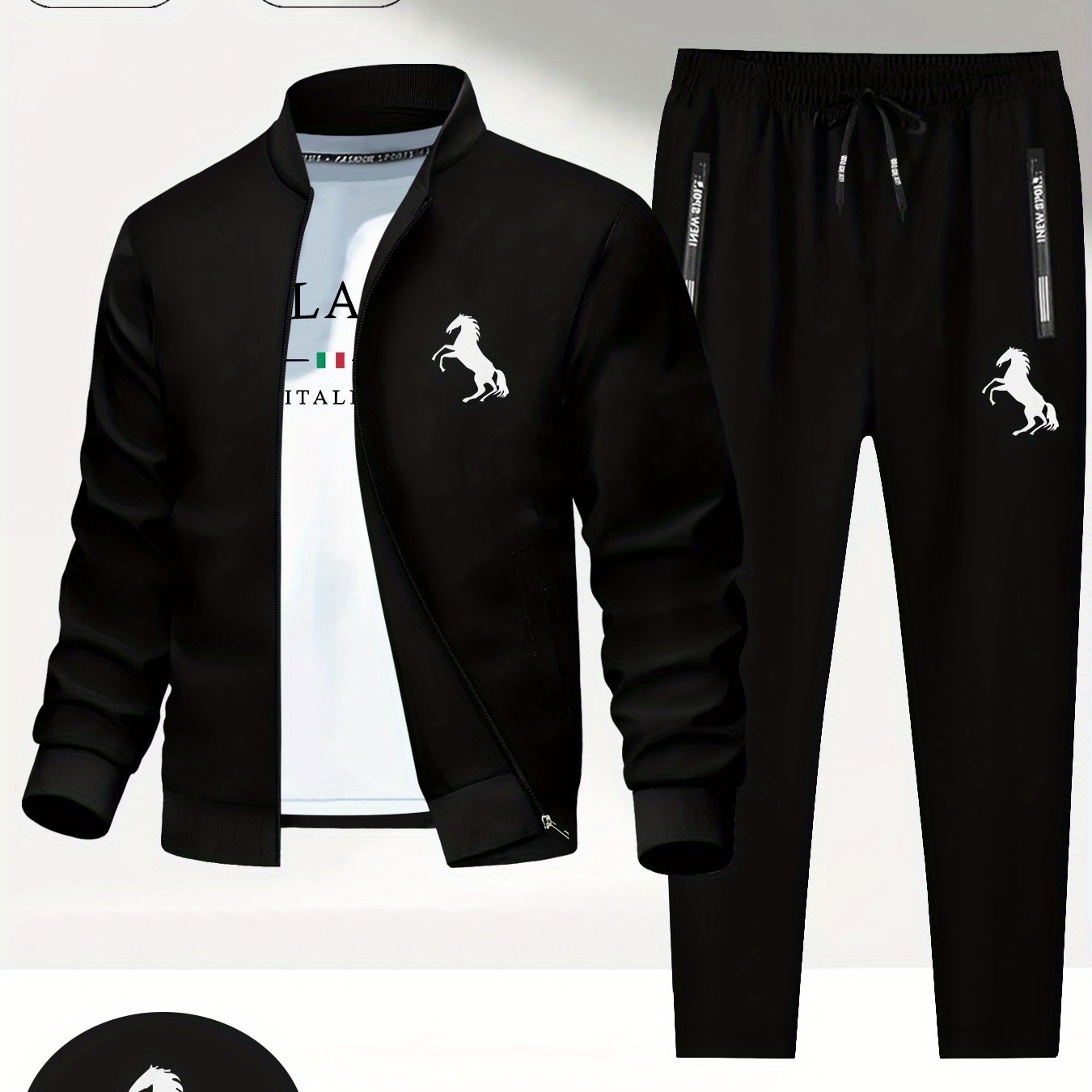 E-shop Ein Silhouette-Druck springenden Pferdes, ein lässiges Herren-Outfit für Frühling und Herbst, bestehend aus einem einfachen zweiteiligen Set mit