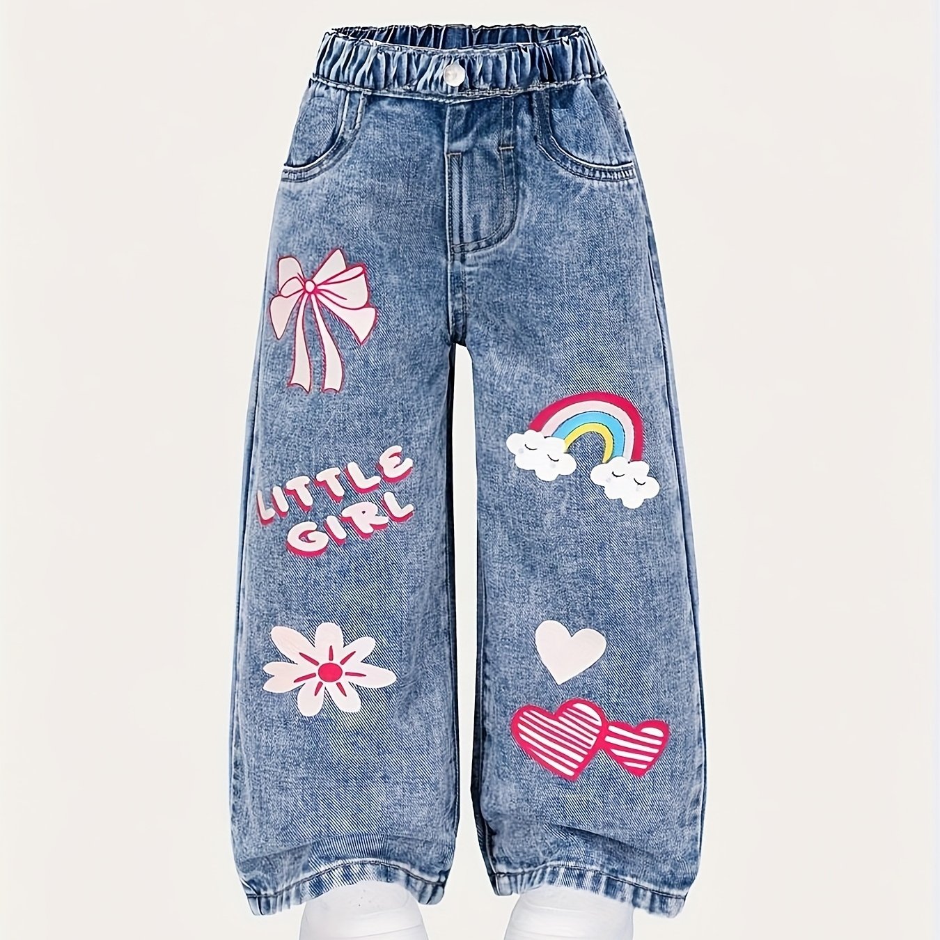 Image of Girls' Fashion Denim Wide-leg Pants. Girls' Trendy Print Denim, Holiday Gift, School Uniform For Festivals. Casual Denim Trousers, Versatile For